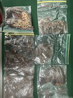 Clear plastic bags of full pheasant feathers arranged on green surface showing variety of feather sizes and patterns.