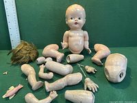 Collection of vintage baby doll torso, limbs, hands on a green background with ruler for scale