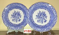 Two Spode Byron Groups plates displayed on stands showing full view of blue and white floral pattern.