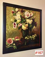 Frontal view of framed oil painting showing floral arrangement