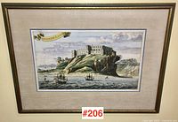 Full view of framed hand-colored engraving showing Donotter Castle print, mat, and wood frame