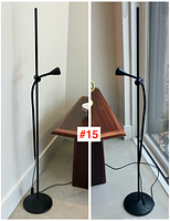 Two images side-by-side showing front and side view of one black IKEA floor lamp, highlighting its slim pole and cone light head with cord extending from base.