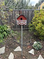 Photo of a red and white barn-style birdhouse mounted on a post in a garden against a wooden fence, surrounded by plants and garden stones.