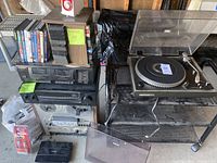 Overview of all audio components including reel-to-reel recorder, turntable, receiver/cassette deck, cables and router