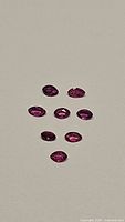 Photo showing eight natural untreated marquis cut rubies arranged in rows on a white surface. Rubies show red to pink hues and faceted surfaces.