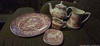 Group shot of all five red transferware pieces