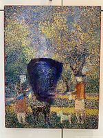 Full image of the impressionist oil painting showing two women and dogs in a park scene with a colorful, textured style.