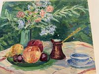 Frontal view of original oil painting on board depicting still-life with flowers, fruit, coffee pot, and cup on table.