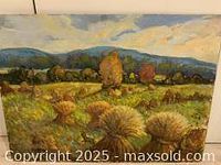 Full view of the oil painting showing haystacks in fields with trees and hills in background.