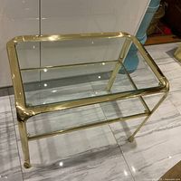 Angled view showing top and lower glass shelves within brass frame