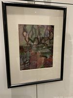 Framed abstract oil painting showing the complete piece with glass reflection visible.