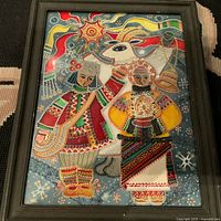 Frontal photo of the artwork showing detailed painting of two folk figures and a white animal head.