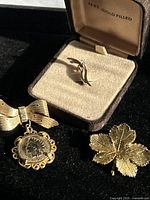 Three gold tone lapel pins on black fabric: 14K gold filled pin with stone in box, gold leaf pin, penny pin with decorative frame and bow