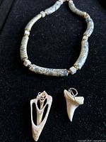 Choker necklace with blue patterned curved tubular beads and small square white beads with gold edges, accompanied by carved seashell and shark tooth pendants on black background.