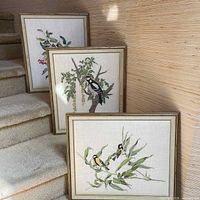 Three framed needlepoint bird artworks arranged on carpeted stairs.