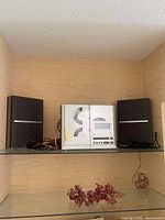 Wide view of the Protocol vertical 3-CD player setup showing the silver CD player in the center on glass shelf with black speakers on each side and visible connecting wires, with beige wood backdrop.