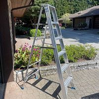 Full view of the 6-foot aluminum step ladder set up outdoors on a driveway, showing the ladder's structure and blue cap feet.