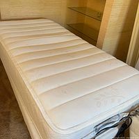 Full view of the single Simmons Beautyrest adjustable bed with cream-colored mattress and leaf pattern design on carpeted floor close to wall and glass shelving.
