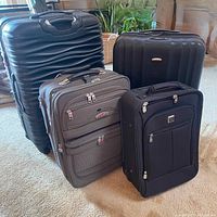Photo showing all four suitcases grouped together on a carpeted floor with greenery in background.