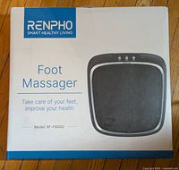 Front view of the unopened box showing the Renpho brand and product image of the foot massager with model RF-FM062 indicated.