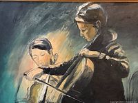 Close-up of two musicians in oil painting, focusing on their upper bodies and instruments.