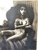Close-up of the etching showing the seated woman in a chair with visible texture and shading details.