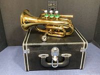 Pocket trumpet resting on closed carrying case