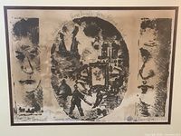 Close-up of the lithograph showing the left and right abstract face images and visible water damage on the bottom area.