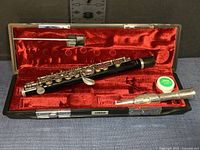 Open hard case showing black ABS resin piccolo body and metal headjoint on red plush interior
