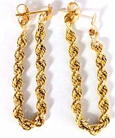 Front view of pair of rope chain dangle earrings on white background, showing twisted design and studs with backs