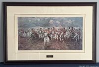 First framed print of 'Charge of the Greys at Waterloo' with tightly cropped dark frame and visible title plaque
