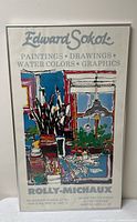 Full view of the Edward Sokol Gallery poster with text and artwork showing art supplies, brushes, window, and a workspace.