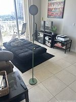 Floor lamp in a living room setting, tall green metal stand with round base and circular lamp head. Lamp is turned off.