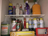Shelf filled with assorted cleaning liquids and aerosols including Perfect Sizing, Old English, Niagara, and others along with a fluorescent bulb box
