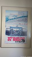 Framed poster featuring rear view of racecar with crowd and buildings from 37e Grand Prix Monaco 1979.
