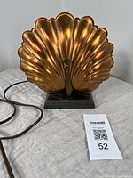 Front view of an Art Deco peacock lamp with a copper fan tail and visible power cord.