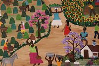 Canvas detail showing figures carrying baskets among fields and trees in vibrant colors
