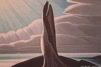 Close-up photo of the framed art print showing the tree stump, lake, and sky with sunlight rays in an illustrative style.