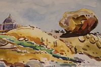 Photo of the watercolor painting showing temple, people, boulder, and landscape
