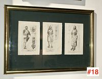 Framed set of three antique block prints from the 1750s with visible irregular paper edges and dark matting in a gold frame.