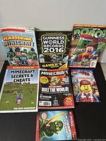 Front view photo of the 7 books arranged side by side and stacked, showing clear titles and cover graphics predominantly Minecraft themed with some Lego titles