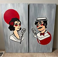 Pair of vintage oil paintings on canvas, showing a woman and man portrait with red circles in the background, signed by the artist.