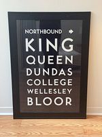 Front view of the framed poster listing major Toronto subway stations northbound in white text on black background.