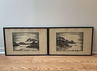 Pair of framed prints leaning against wall on floor