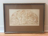 Full frontal view of the framed sepia-toned watercolour drawing depicting multiple nude female figures dancing in a semi-circular composition.