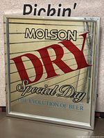 Front view of Molson Dry bar mirror with plastic frame showing printed text and some wear.
