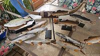 Mounted decorative antlers centered with various carved wood fish on stands arranged on table.