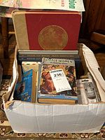 Box filled with vintage young adult books showing Little Women, The Passing Scene books, and others from top view.