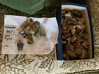 Top view of a box with numerous small Wade figurines and a white cloth with some figurines laid out.