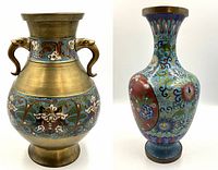 Two antique cloisonne vases shown side by side, displaying overall shape and decoration.